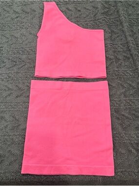 Women's Hot Pink One-Shoulder Crop Top and Skirt Set